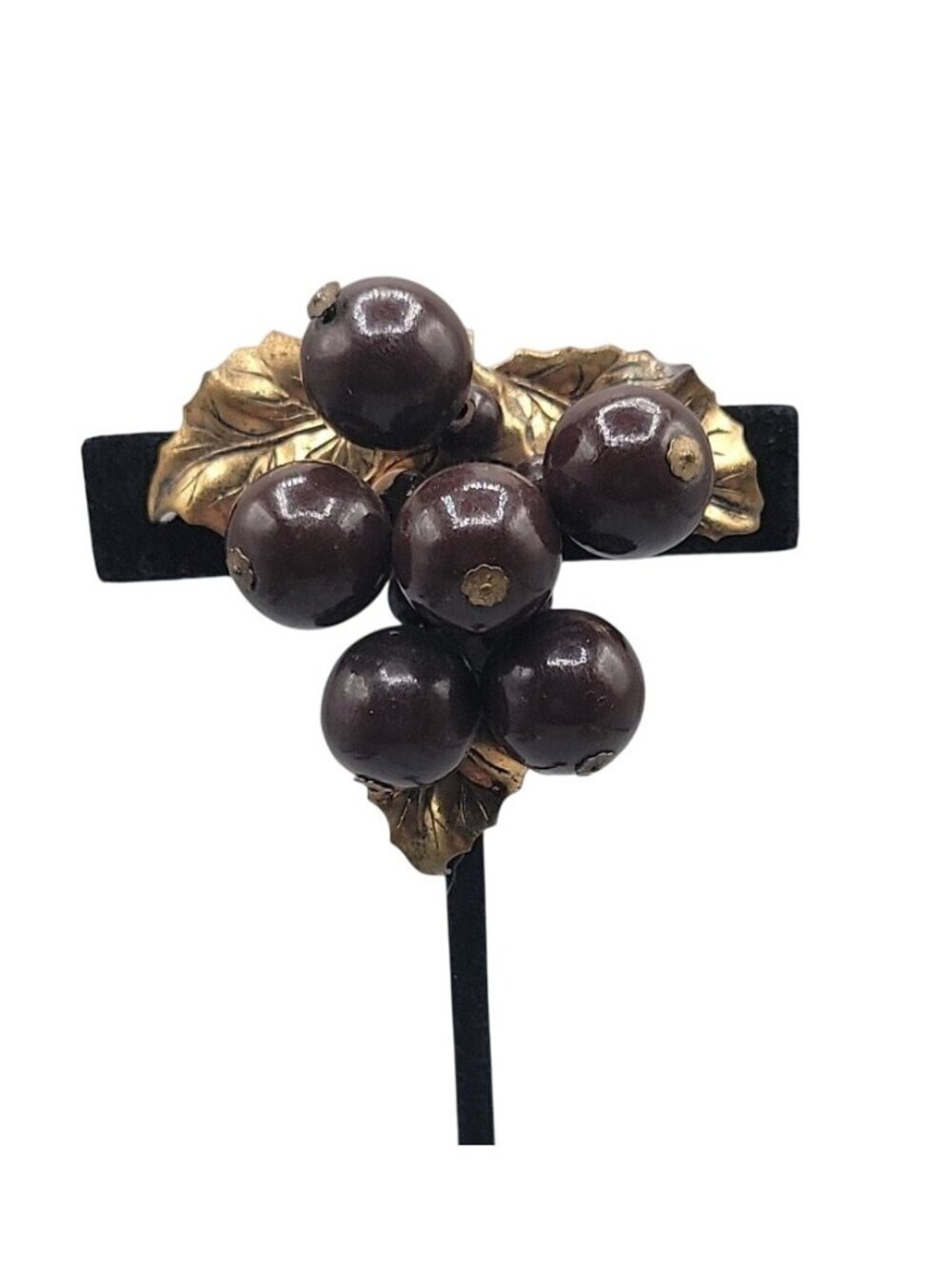Vtg 1930s Wood Grape Cluster Fur/Dress Clip Art Deco Brass Leaf Chocolate Brown